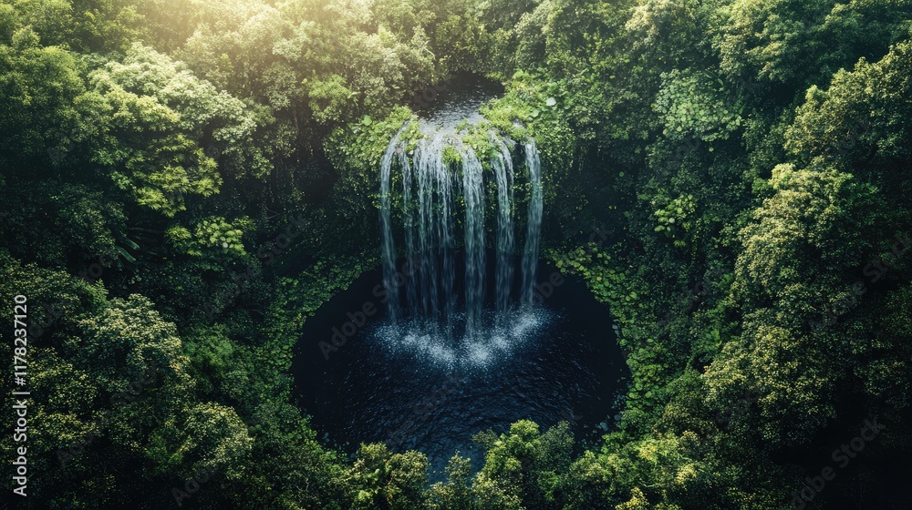 Poster a breathtaking forest oasis featuring a circular waterfall surrounded by lush greenery, creating a s