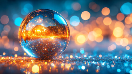 A small metallic shiny sphere gleams with captivating light creating a mesmerizing abstract and futuristic technological background with blurred caption space on the side

