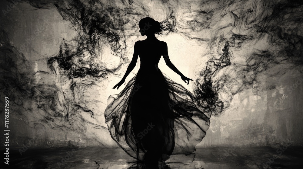 Poster A captivating silhouette against an abstract background, with sharp monochrome shadows and diffused light creating a dramatic and mysterious atmosphere
