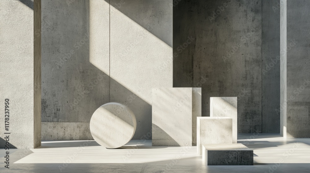 Poster a clean, minimalist composition of geometric shapes on a concrete surface, with soft shadows adding 