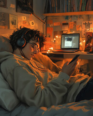 Relaxing in Dorm Room with Headphones and Phone
