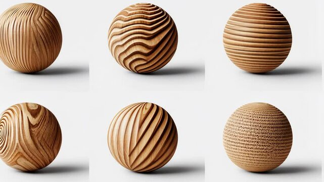 Wooden spheres showcasing various textures and patterns in a minimalist display setting