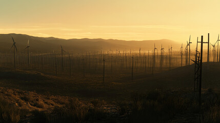Obraz premium Vast Wind Farm Landscape at Sunrise with Pleasant Golden Light