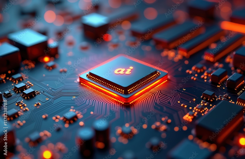 Aufkleber Close-up view of advanced AI processor. High tech computer motherboard shows modern processor design with glowing components. Futuristic tech concept displays cutting-edge tech. Innovative hardware
