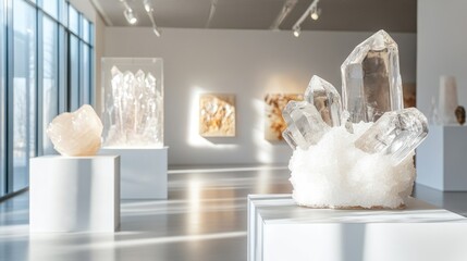 A contemporary gallery featuring crystal art, with soft natural light streaming in, highlighting the beauty and clarity of the crystal forms