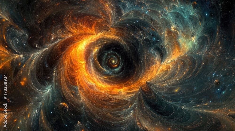 Poster a cosmic black hole surrounded by swirling stellar particles, capturing the mystery and vastness of 