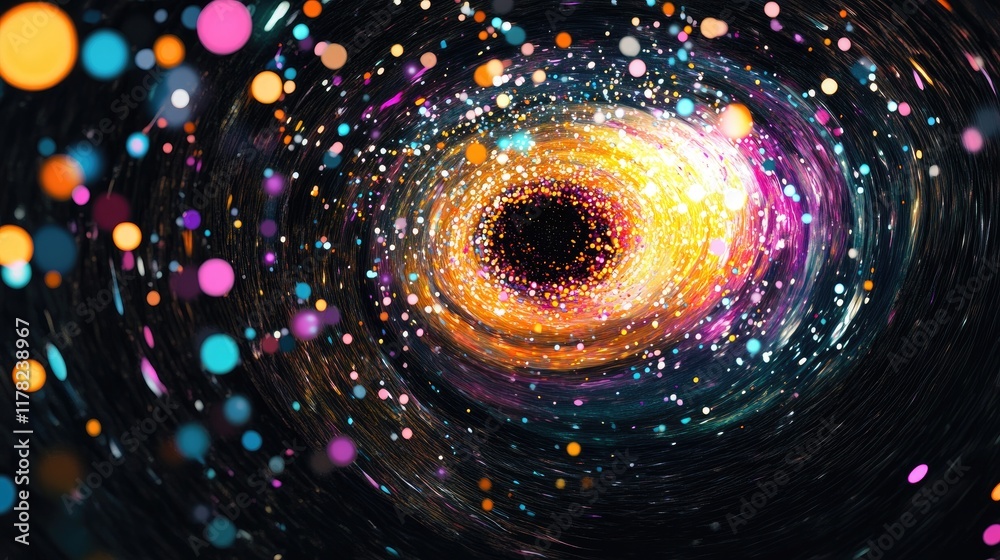 Poster A cosmic black hole with vibrant stellar particles swirling around it, representing the unknown and the infinite nature of the universe in a captivating design