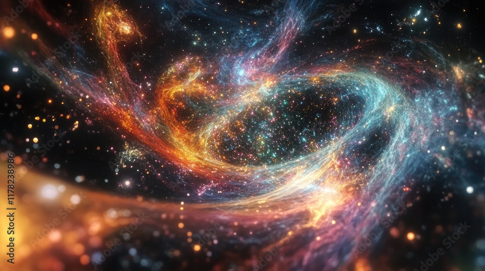 Poster A cosmic black hole with vibrant stellar particles swirling around it, representing the unknown and the infinite nature of the universe in a captivating design