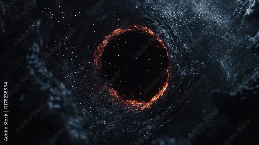 Poster A cosmic black hole with vibrant stellar particles swirling around it, representing the unknown and the infinite nature of the universe in a captivating design