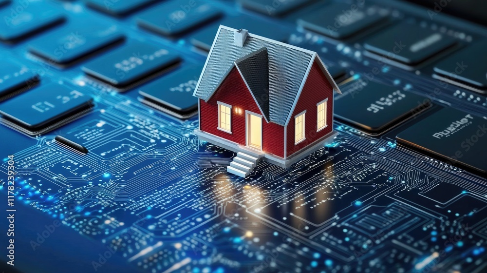 Poster a creative representation of a home network, with a tiny house positioned on a keyboard circuit boar