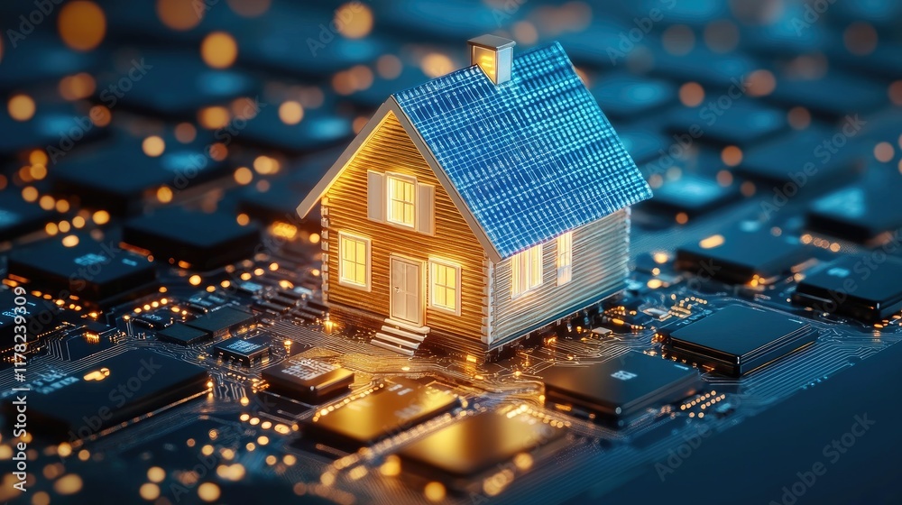 Poster a creative representation of a home network, with a tiny house positioned on a keyboard circuit boar