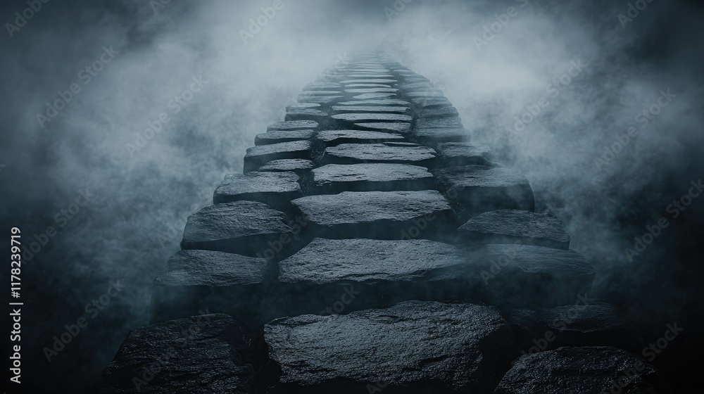 Poster a dark, mist-covered pathway made of stone, shrouded in mystery, with a grayscale filter adding to t
