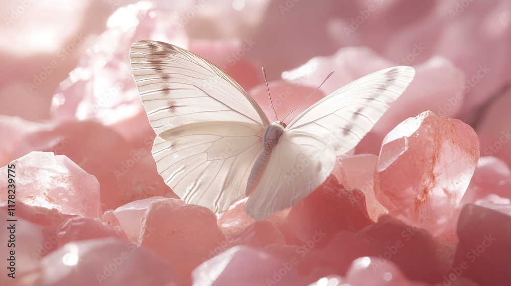 Poster a delicate white butterfly resting gently on pink gemstones, illuminated by soft, diffused light, cr