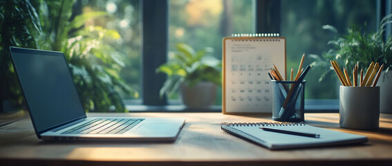 Fototapeta premium Laptop, calendar, notebook, and pencils on a desk by a window.