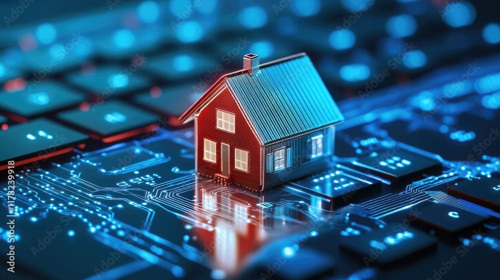 Poster a digital home network concept featuring a small house on a circuit board keyboard, symbolizing smar