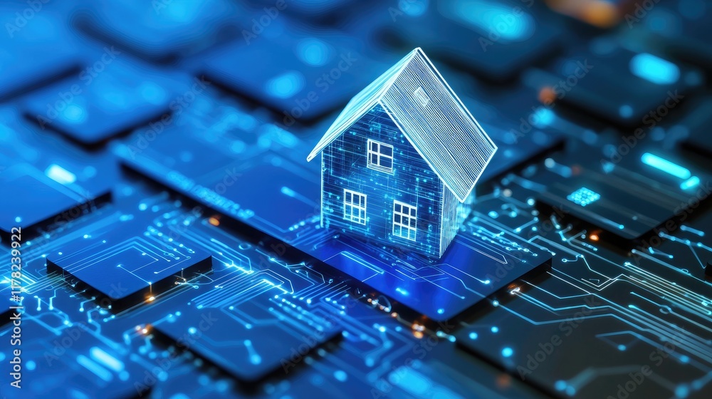 Poster a digital home network concept featuring a small house on a circuit board keyboard, symbolizing smar