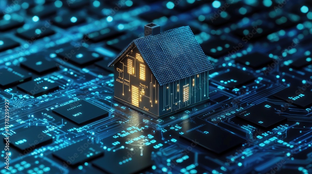 Poster A digital home network concept featuring a small house on a circuit board keyboard, symbolizing smart home technology and modern connectivity