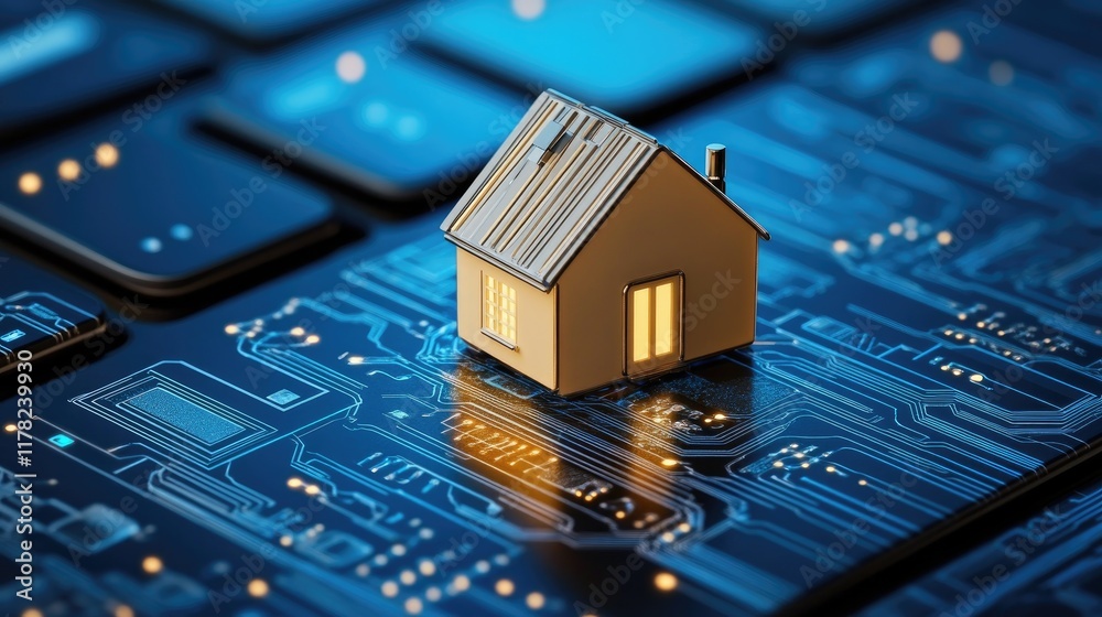 Poster a digital home network concept featuring a small house on a circuit board keyboard, symbolizing smar