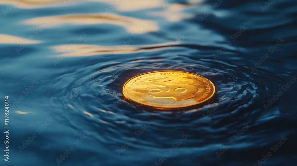 Poster A dramatic image of a gold coin melting on a smooth blue surface, creating a striking visual metaphor for wealth, transformation, and financial growth