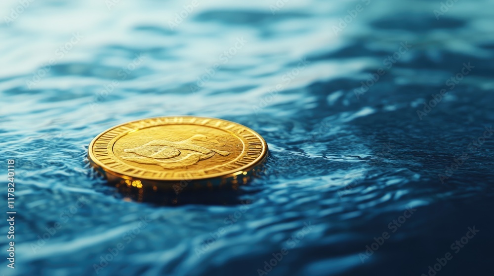 Poster A dramatic image of a gold coin melting on a smooth blue surface, creating a striking visual metaphor for wealth, transformation, and financial growth