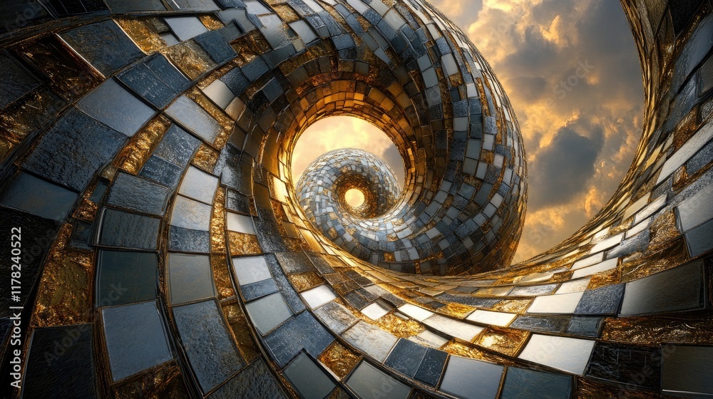 Poster a dynamic spiral of shimmering gold and silver mosaic tiles against a moody cloudy sky, blending lux