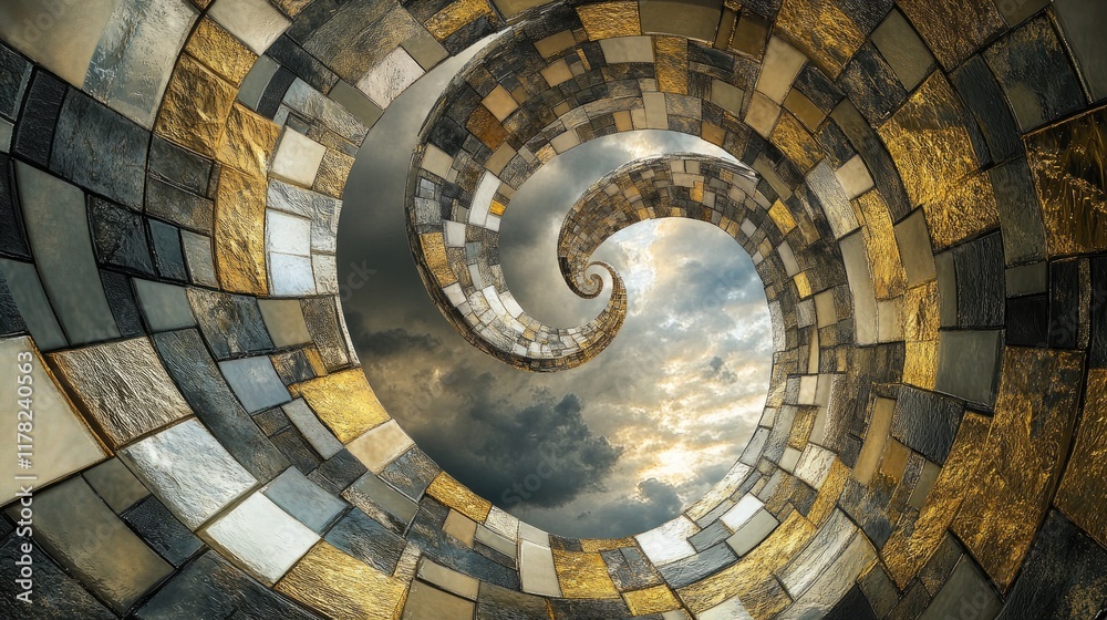 Poster a dynamic spiral of shimmering gold and silver mosaic tiles against a moody cloudy sky, blending lux