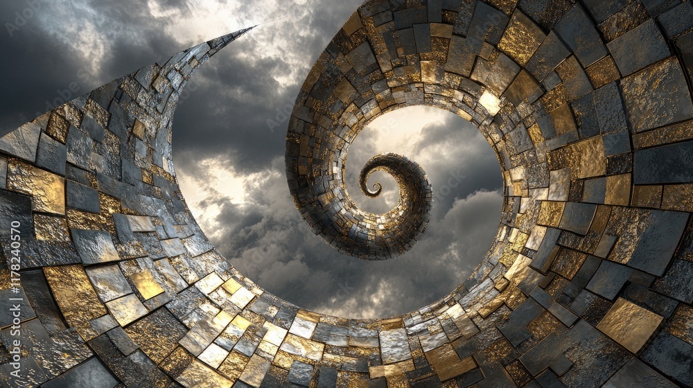 Poster a dynamic spiral of shimmering gold and silver mosaic tiles against a moody cloudy sky, blending lux