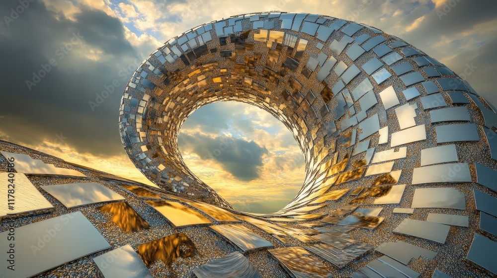 Poster a dynamic spiral of shimmering gold and silver mosaic tiles against a moody cloudy sky, blending lux
