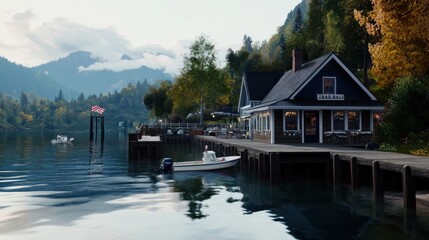 Fototapeta premium Scenic lakeside view with a dock, boat, and charming restaurant.