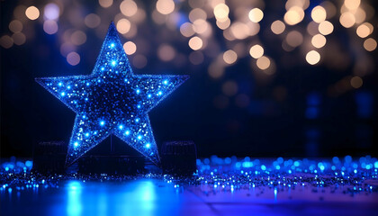 elegant star display stand with sparkling decoration and bright blue spotlights ideal for award ceremonies celebrations and recognition events