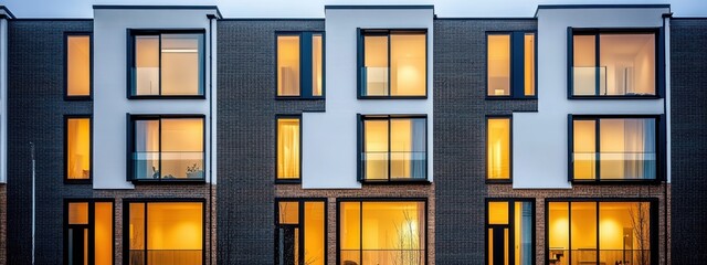 Modern townhouses, dark exterior, glass windows, glowing interior lights, dusk, minimalist architecture, symmetrical design, urban residential, contemporary facade, sleek lines, row houses, twilight a
