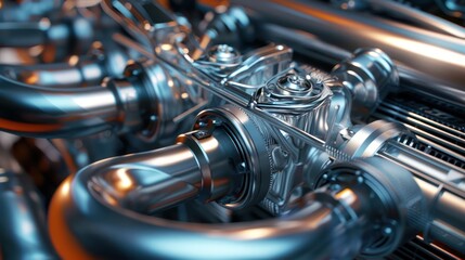 A 3D animated close-up of a car engine's cooling system, showcasing the radiator, hoses, and coolant flow. The animation should show the dynamic movement of the coolant as it circulates through the sy