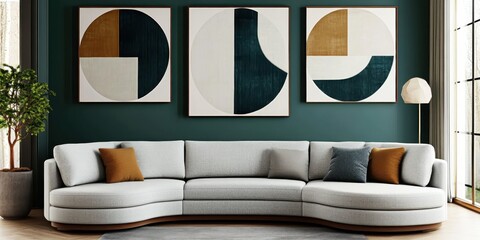 Modern luxurious living room, teal accent wall, large circular abstract artwork, neutral beige sofa, round coffee table, white armchair, wooden floor, floor-to-ceiling windows, potted plant, minimalis