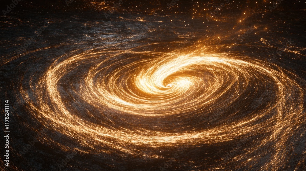 Poster A futuristic, cosmic superfluid vortex surrounded by a dark field, with spiraling lines of light representing the flow of particles without friction or resistance