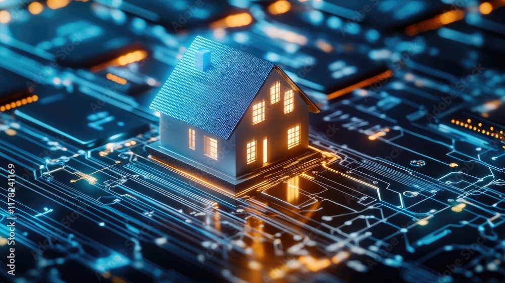 Poster A futuristic digital concept of a home network, with a miniature house resting on a circuit board keyboard, symbolizing the future of smart homes and technology integration