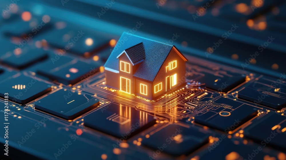 Poster A futuristic digital concept of a home network, with a miniature house resting on a circuit board keyboard, symbolizing the future of smart homes and technology integration