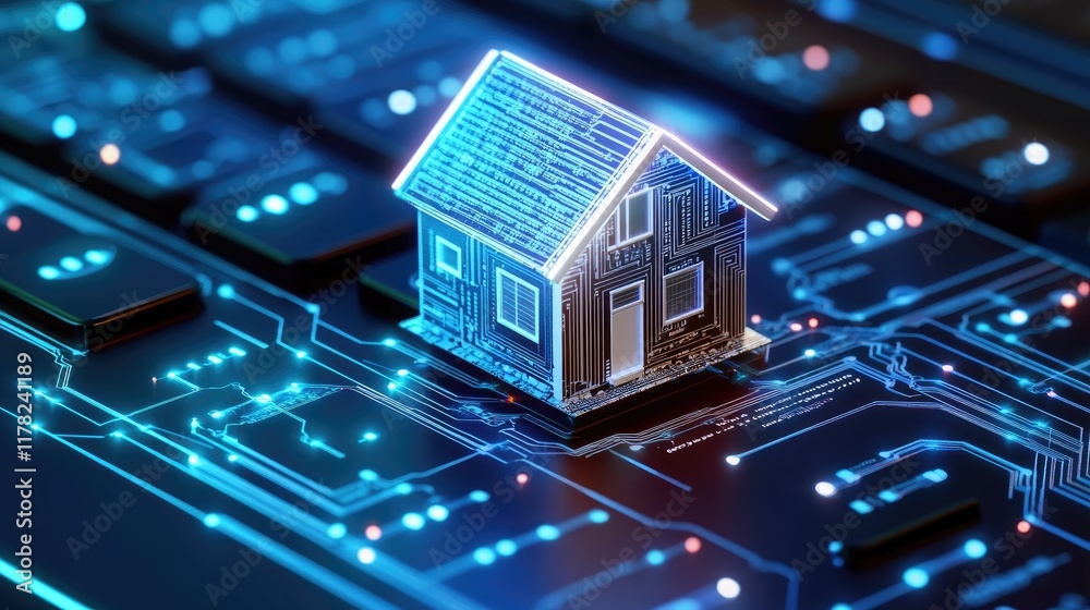 Poster A futuristic digital concept of a home network, with a miniature house resting on a circuit board keyboard, symbolizing the future of smart homes and technology integration