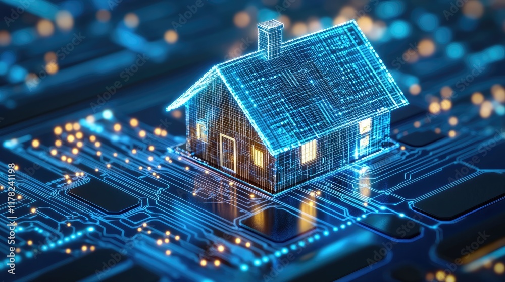 Poster A futuristic digital concept of a home network, with a miniature house resting on a circuit board keyboard, symbolizing the future of smart homes and technology integration