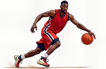 African American male basketball player in dynamic action. Athlete in red jersey, shorts dribbles ball. Full-length illustration isolated against white background. Sporty, energetic image for sports