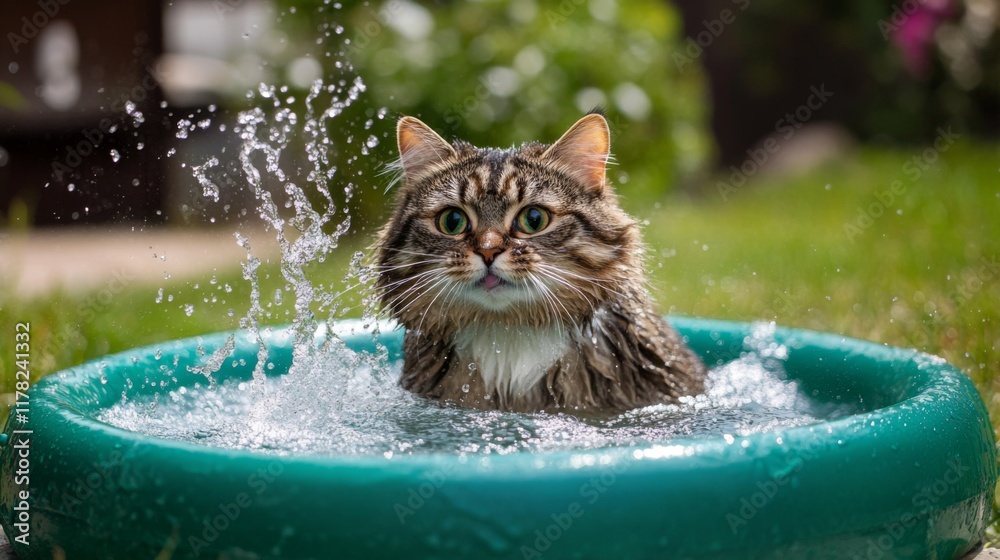 Poster An overweight cat playfully splashing in a small kiddie pool in a backyard, enjoying a sunny day and looking happy.