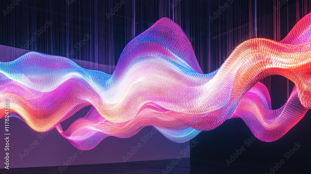 Poster A futuristic hanging light sculpture with dynamic, flowing shapes and glowing colors, creating a mesmerizing and modern art installation