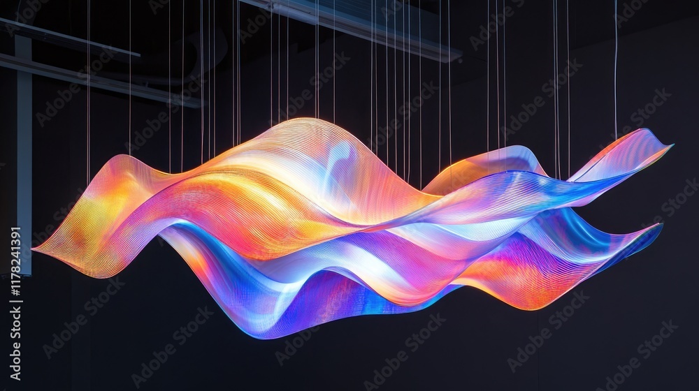 Poster A futuristic hanging light sculpture with dynamic, flowing shapes and glowing colors, creating a mesmerizing and modern art installation