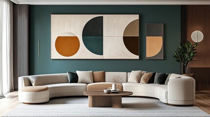 Modern luxurious living room, teal accent wall, large circular abstract artwork, neutral beige sofa, round coffee table, white armchair, wooden floor, floor-to-ceiling windows, potted plant, minimalis