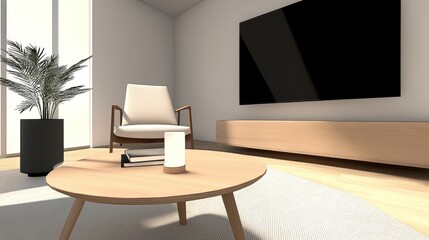 Modern living room with minimalist furniture and decor.