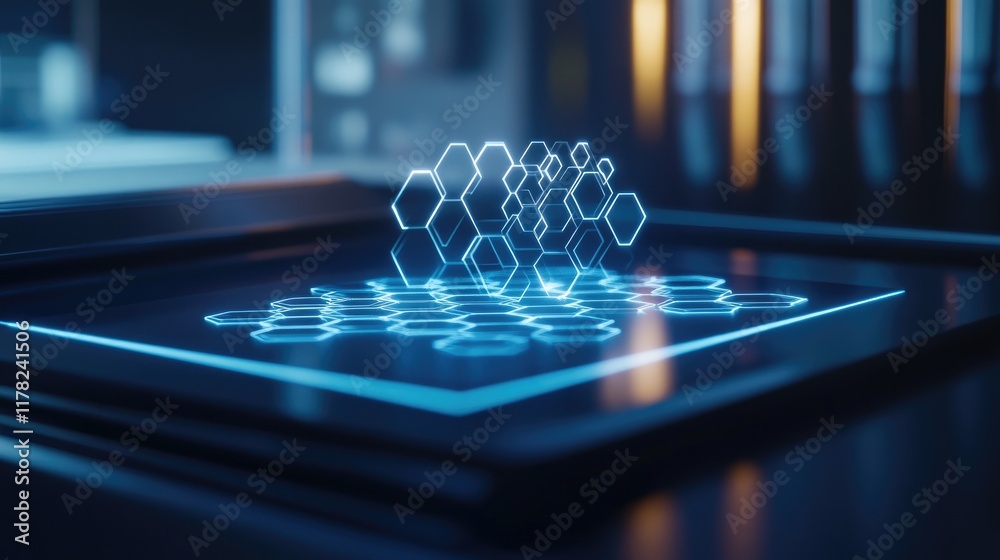 Poster A futuristic sci-fi laboratory featuring a holographic display with glowing hexagonal patterns, showcasing advanced technology in a sleek, high-tech environment