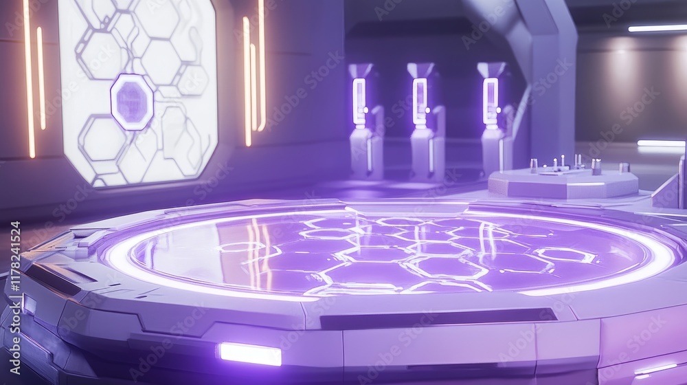 Poster A futuristic sci-fi laboratory featuring a holographic display with glowing hexagonal patterns, showcasing advanced technology in a sleek, high-tech environment