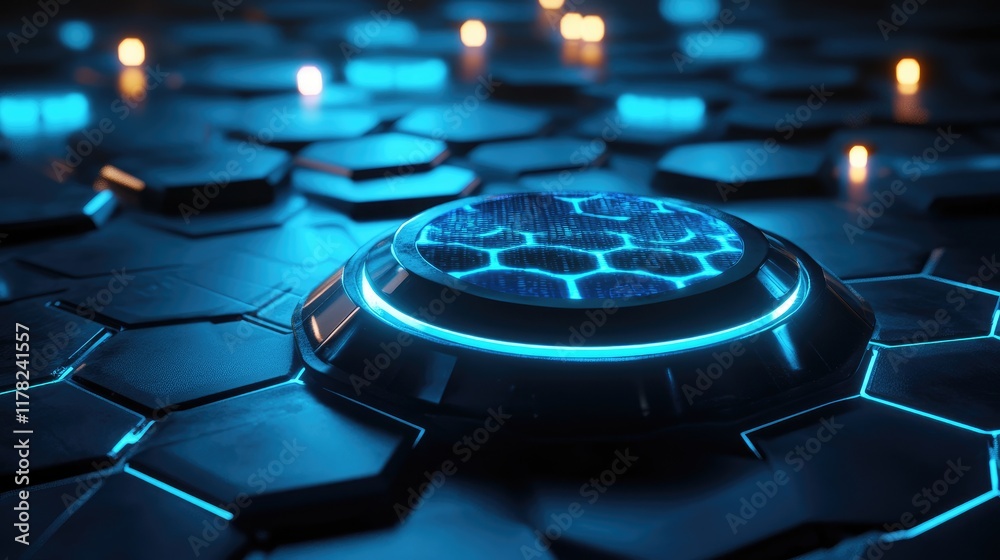 Poster A futuristic sci-fi laboratory featuring a holographic display with glowing hexagonal patterns, showcasing advanced technology in a sleek, high-tech environment