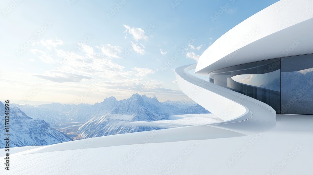Aufkleber A futuristic white architectural structure with clean lines, offering a stunning view of a vast mountain range, creating a striking contrast between design and nature