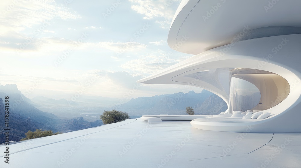 Poster a futuristic white architectural structure with clean lines, offering a stunning view of a vast moun