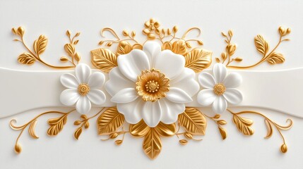 Elegant 3D Floral Design: White and Gold Embossed Flowers 